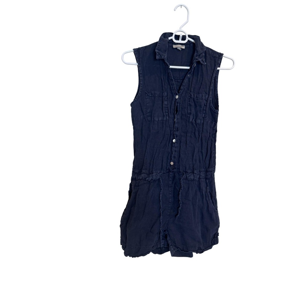 Marisa & Marie Romper Womens Small Blue‎ 100% Linen Collared Sleeveless Pockets